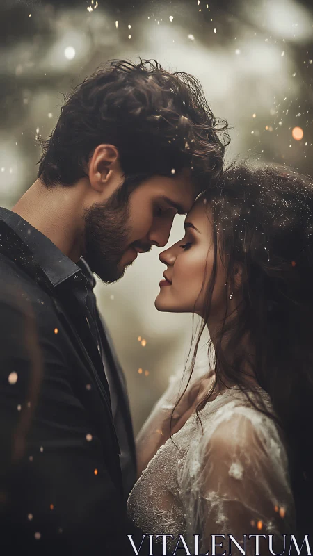 Intimate moment between two people in golden bokeh rain.