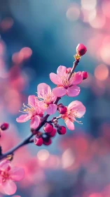 Pink Cherry Blossoms Dance Against Dreamy Blue Bokeh