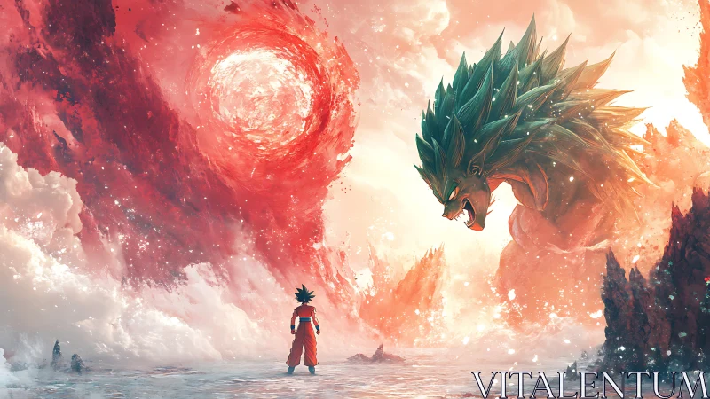 Human figure confronting colossal dragon in fiery sky.