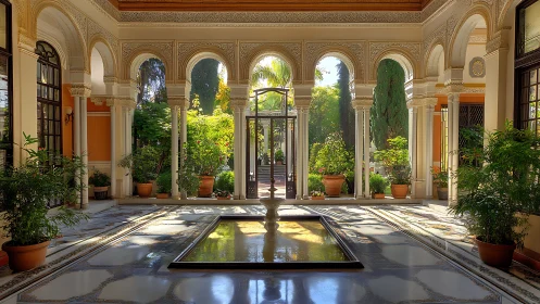 Ornate courtyard with arches, central pool and potted plants.