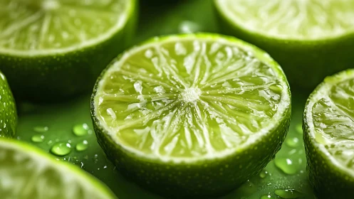 Glowing lime halves in ultra crisp macro close-up composition.