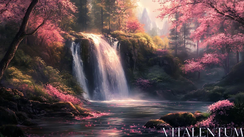 Waterfall in lush pink forest with calm reflective pool.