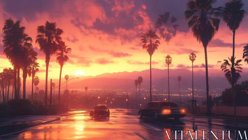Sunset roadway with palm trees, wet asphalt, and distant city