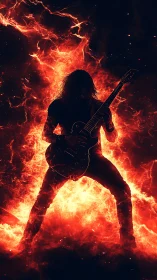 Flaming guitarist silhouette erupts in blazing inferno of sound.