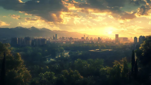 Sunlit city skyline emerges above misty forested parklands