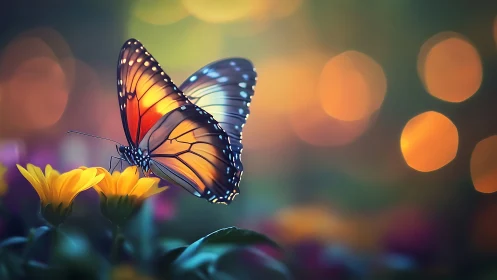 Luminous butterfly pauses mid-bloom as evening bokeh awakens