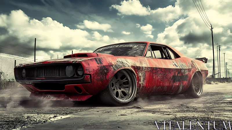 Weathered drift muscle car under storm-laden industrial sky.