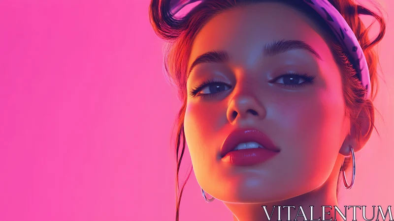 Neon-lit female portrait showcases glossy skin and bold makeup