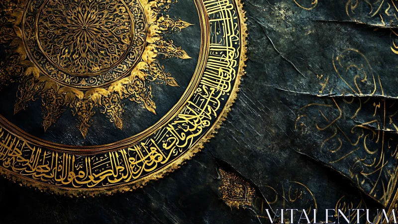 Radiant circular calligraphy on distressed dark canvas.