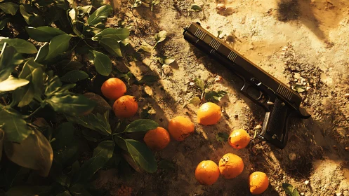 Black handgun rests near fallen oranges in warm sunlight