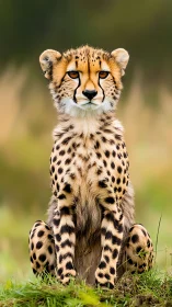 Juvenile cheetah sitting upright on grassland foreground.