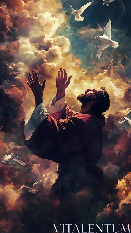 Skyward supplicant beneath thundercloud doves in blazing prayer.