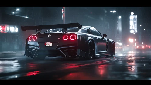 Aerodynamic GT-R in rain-soaked neon urban streetscape at night.