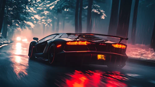 Neon rain crowns the midnight supercar’s blazing escape
