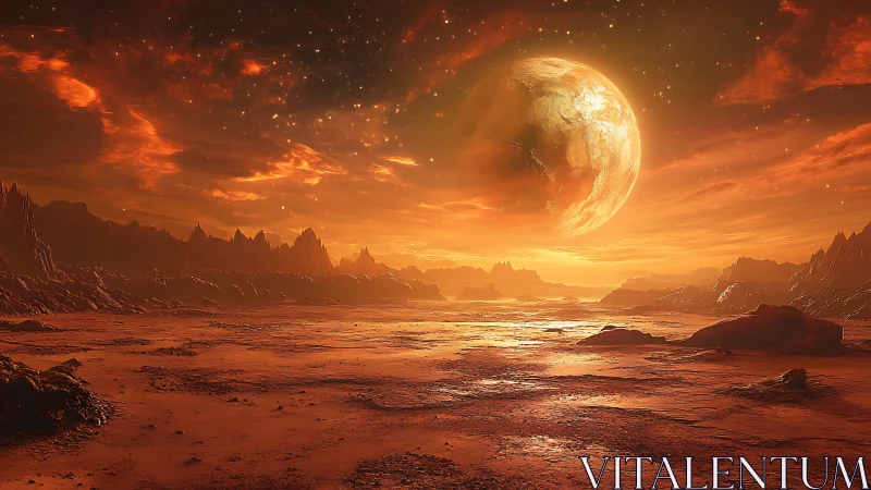 Alien desert landscape shows orange sky and massive planet