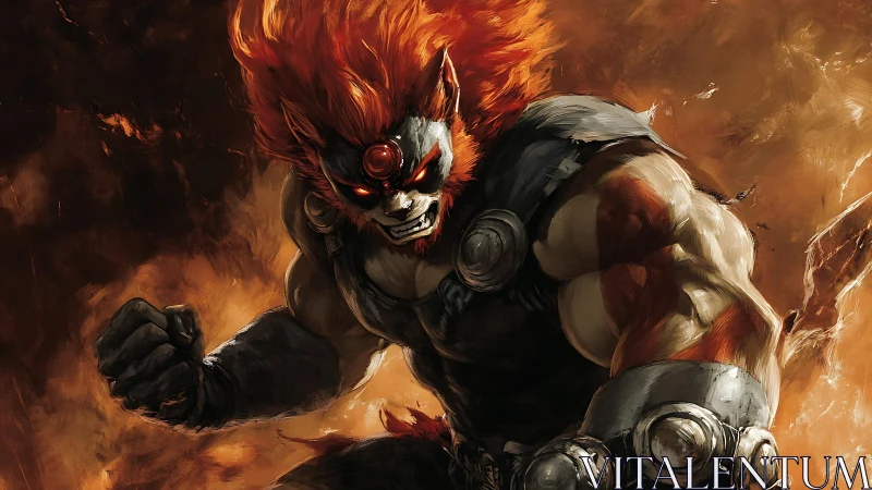 Fire-maned beast warrior charges through molten storm.