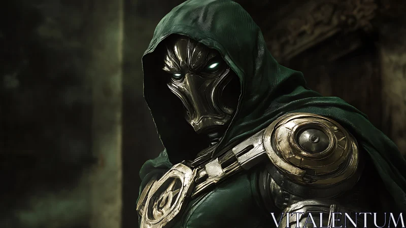 Cybernetic hooded warlord with luminous ocular implants.