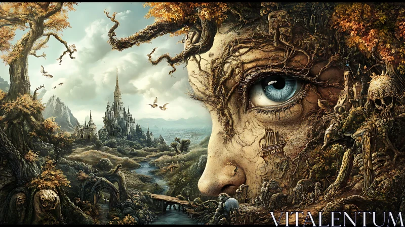 Surreal arboreal face merges with fantasy citadel and eroded ruins