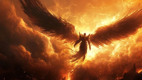 Apocalyptic fire angel in radiant sky-centered composition.