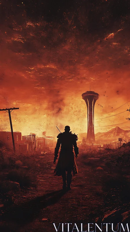 Lone armored wanderer heading toward burning future city.