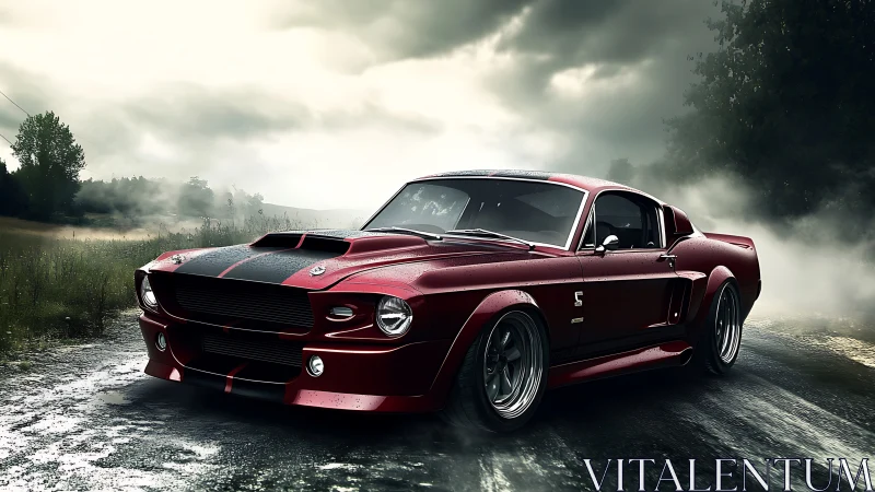 Stormy road muscle car, classic power wrapped in mist.