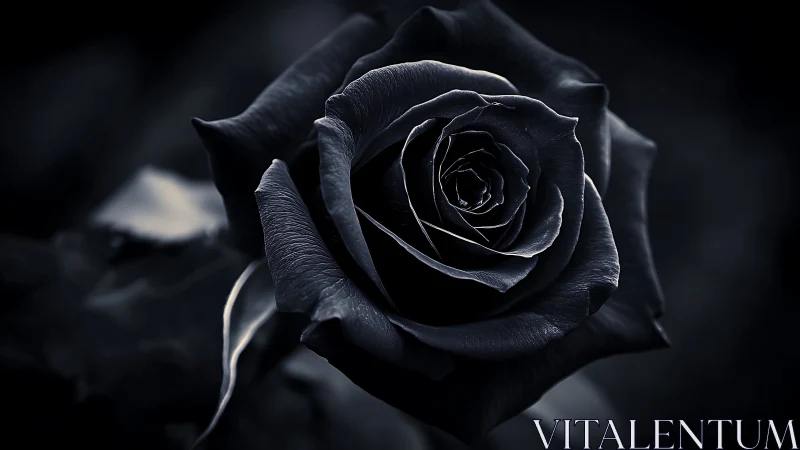 Midnight black rose unfolding in soft, mysterious light.