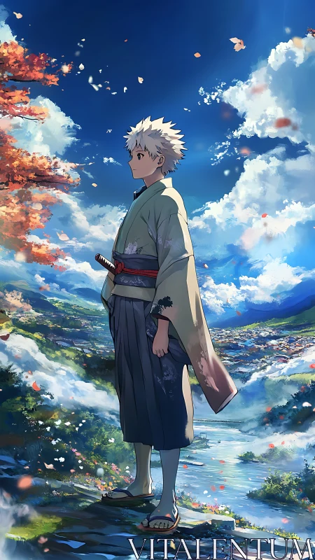 Samurai youth gazes over a peaceful valley in soft sunlight