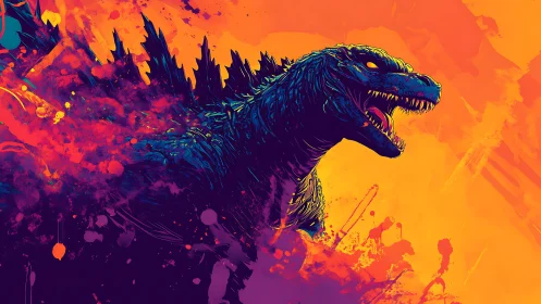 Neon kaiju profile rendered in high-contrast splatter palette