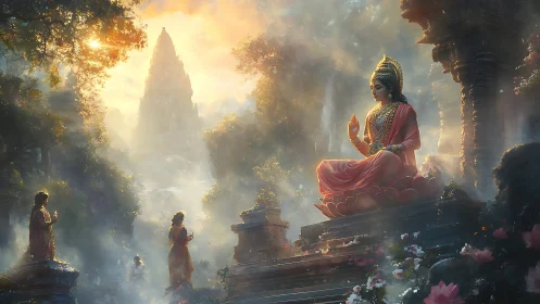 Golden dawn over serene temple goddess and misty pilgrims.