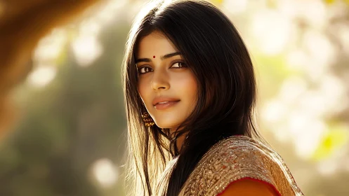 Portrait of woman in embroidered attire outdoors at dusk.