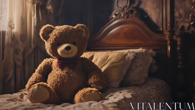 Soft teddy bear rests quietly on a nostalgic vintage bed