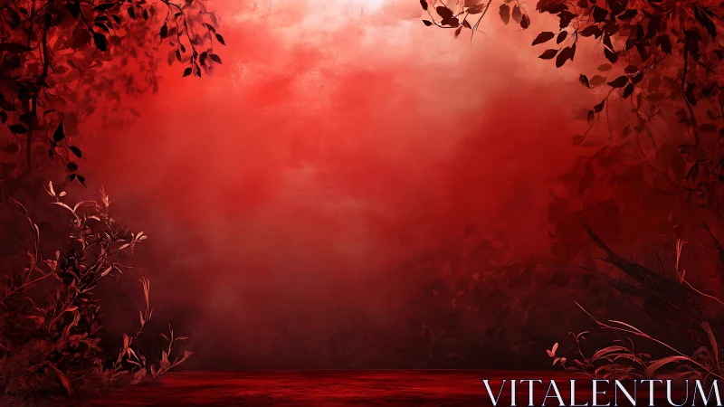 Red monochrome digital foliage scene frames central void