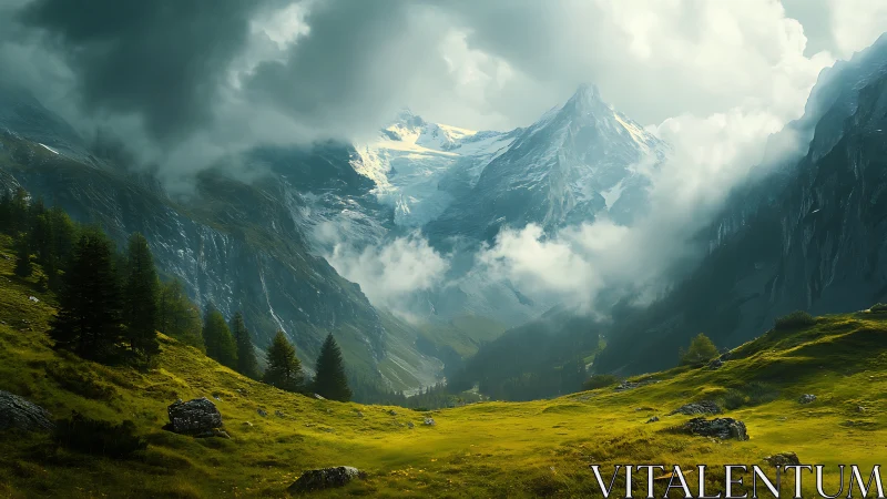 Digital painting of alpine valley under dramatic cloud cover.
