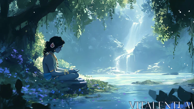 Blue-skinned figure meditates beside luminous forest pool