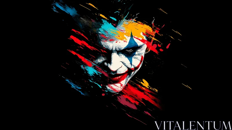 Painted clown portrait emerges through radial color streaks