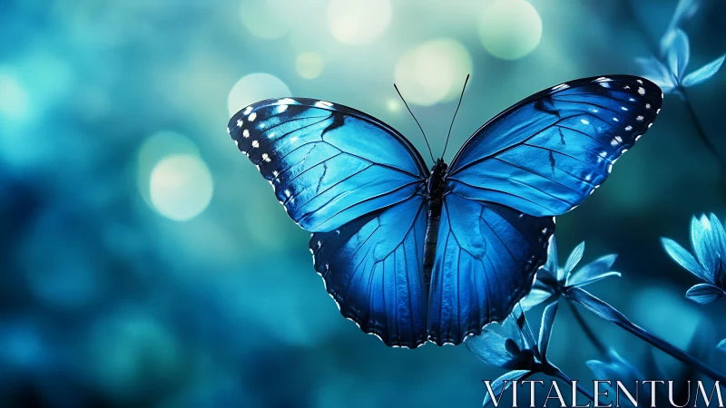 Photorealistic macro study of a blue butterfly on bokeh flora.