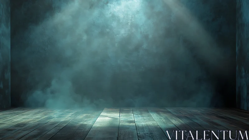 Empty wooden stage under hazy teal spotlight beams.