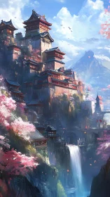 Sunlit cliffside palace above a drifting cherry waterfall.