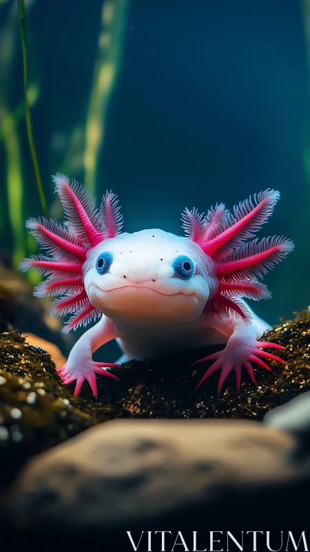 Pink axolotl underwater on rocks with soft blue background.
