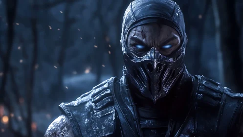 Armored masked warrior rendered in high-contrast 3D realism