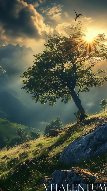 Backlit hillside tree with raking sunbeams over alpine valley.