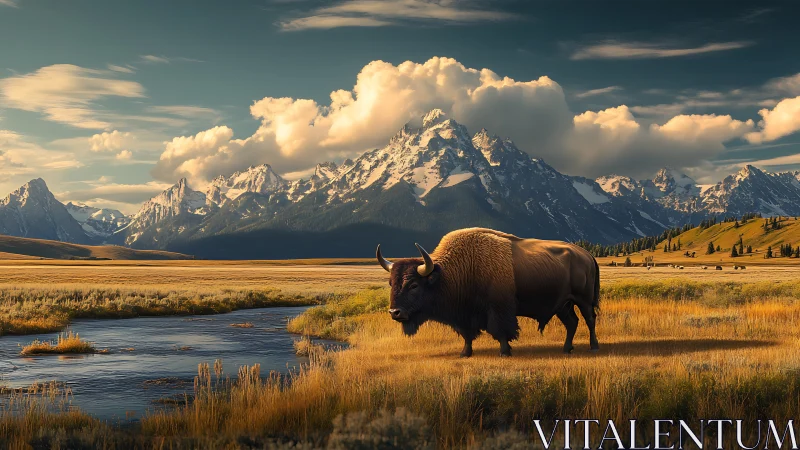 Solitary bison before sunlit alpine peaks at golden hour.