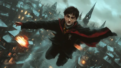 Young wizard soars above snowy rooftops in glowing night