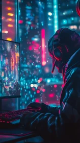 Cyberpunk gamer at neon lit desktop in futuristic city.