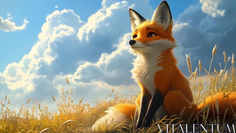 Fox sits in golden field under large cumulus clouds