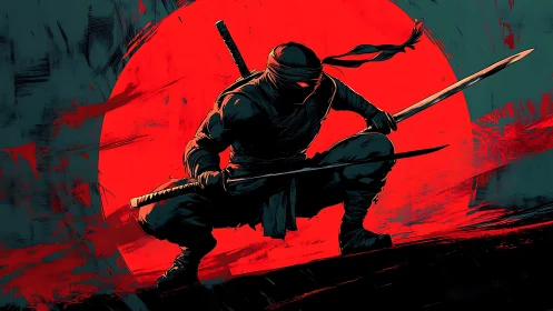 Silhouetted ninja figure crouches before textured red sun