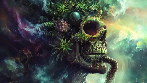 Cosmic garden skull drifting through a neon dreamscape.