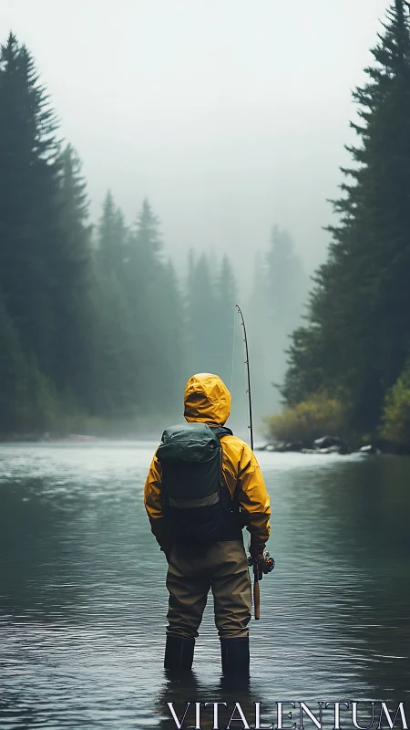 Fisher standing in shallow river within misty conifer forest.