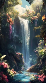 Enchanted jungle waterfall cascades into a lush floral pool.