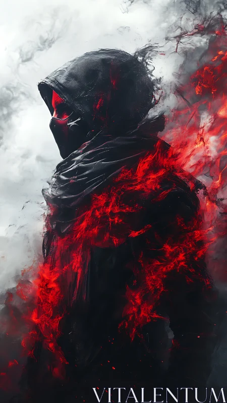 Hooded masked figure stands in erupting red firestorm
